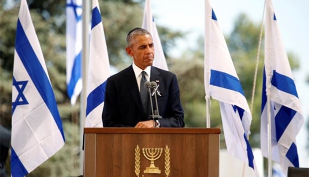 President Barack Obama eulogises former Israeli president Shimon Peres during his funeral ceremony at Mount Herzl cemetery in Jerusalem on Friday.