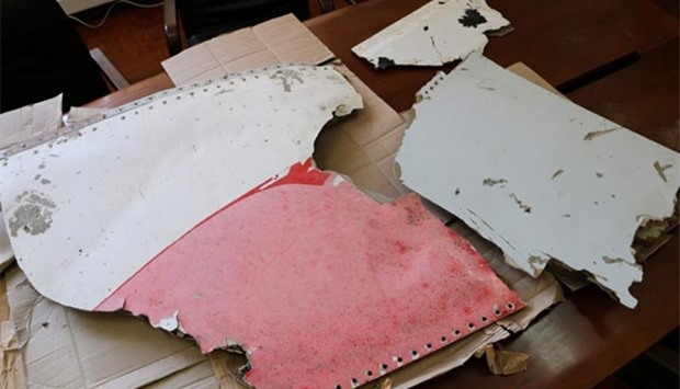 Three pieces of aircraft wreckage found off the east African coast of Mozambique are displayed at Mozambique's Civil Aviation Institute in Maputo on Monday.