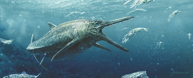 This handout picture realesed from the University of Edinburgh yesterday shows an artist rendering of a jurassic marine reptile known as ichthyosaur. A fierce predator that prowled the oceans 170mn years ago has been unveiled yesterday by scientists for the first time, half a century after it was discovered.
