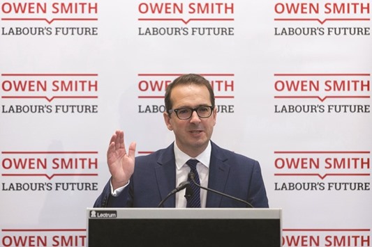 British opposition Labour Party leadership contender Owen Smith delivers a speech at a press conference in London yesterday.