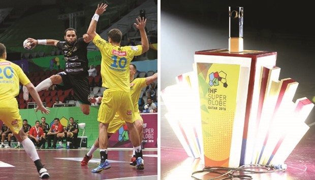 Action from the Vive Tauron Kielce vs Handebol Taubate in the IHF Super Globe tournament in Doha yesterday.   (Right) the IHF Super Globe trophy.
