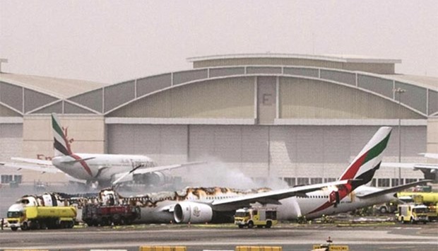 An Emirates flight is seen after it crash-landed at Dubai airport last month.