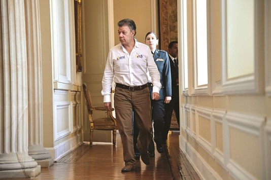 Colombiau2019s President Juan Manuel Santos arrives for the interview at Casa de Narino presidential palace in Bogota, Colombia.
