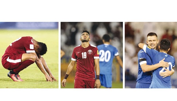 Qataru2019s Akram Afif (L) and Ahmed Yasser (R) look dejected after the match against Uzbekistan held at the Al Sadd stadium yesterday. (Right) Uzbekistan defender Egor Krimets (left in the picture) celebrates after scoring yesterday. PICS: Anas Khalid
