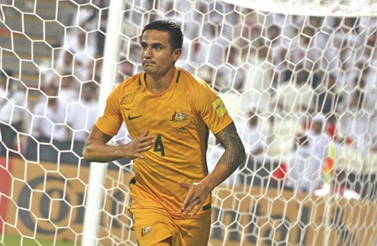 Australiau2019s Tim Cahill celebrates after scoring a goal against UAE yesterday.