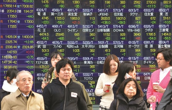 Pedestrians walks past a share prices board in Tokyo. The Nikkei 225 closed down 0.4% to 17,012.44 points yesterday.