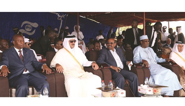 HH the Emir Sheikh Tamim bin Hamad al-Thani attending, along with Sudanese President Omar Hassan Ahmed al-Bashir, Chad President  Idriss Deby and  Central African Republic President  Faustin-Archange Touadera,  the celebration of completing the implementation of the Doha Document for Peace in Darfur, in Al-Fashir in the Sudanese state of North Darfur yesterday.