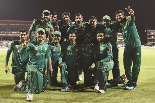 Pakistanu2019s cricket players celebrate after winning the T20 match against England at The Emirates Old Trafford in Manchester on Wednesday.