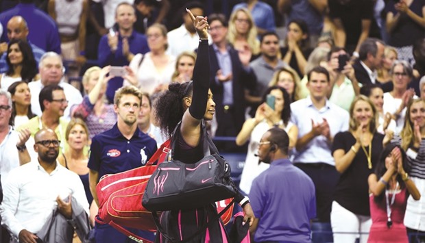 Serena Williams of the US leaves the court after being defeated by Pliskova in their US Open semi-final on Thursday. (AFP)