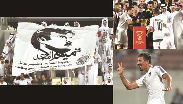 Al Sadd fans wave a mural of His Highness the Emir Sheikh Tamim bin Hamad al-Thani during the match. At right top, Qatar Football Association president Sheikh Hamad bin Khalifa bin Ahmed al-Thani hands over the Sheikh Jassim Cup to Al Saddu2019s Xavi and Hassan al-Haydous after their win over Al Duhail yesterday.  At right bottom, Baghdad Bounedjah celebrates his hat-trick goal. PICTURES: Shemeer Rashid and Noushad Thekkayil