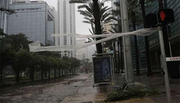 High winds blow through Brickell Avenue as Hurricane Irma arrives in Miami, Florida on Sunday.