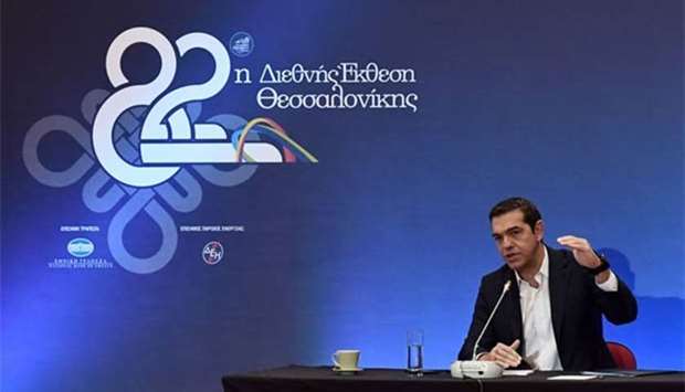Greek Prime Minister Alexis Tsipras gestures as he speaks during the Thessaloniki International Fair in Thessaloniki on Sunday.