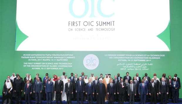 Leaders and representatives of the Organisation of Islamic Cooperation (OIC) member states pose for a group photo during the Kazakhstan Summit in Astana on Sunday.