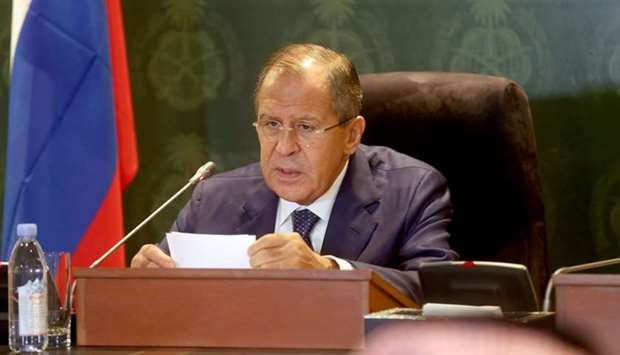 Russian Foreign Minister Sergei Lavrov speaks during a press conference at the Saudi foreign ministry headquarters in Jeddah on September 10, 2017.