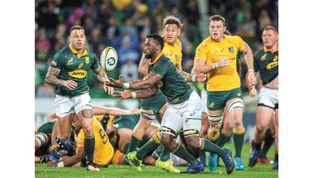 Siya Kolisi of South Africa retrieves the ball during the match against Australia in Perth on Saturday. (Reuters)