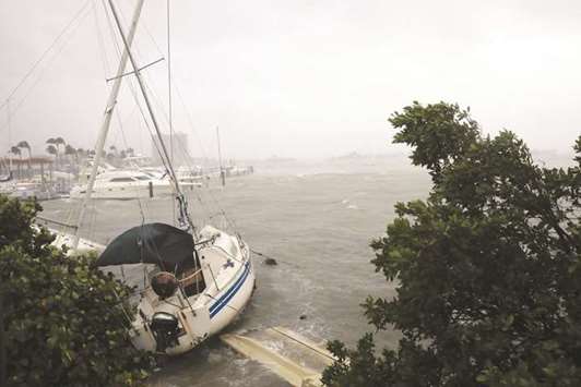Boats are seen at a marina in South Beach as Hurricane Irma arrives.