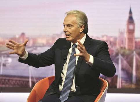 Former prime minister Tony Blair appears on the BBCu2019s The Andrew Marr Show, in central London.