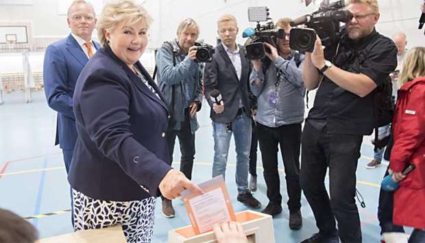 Norway`s Prime Minister Erna Solberg cast her ballot