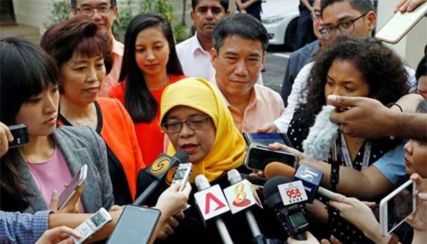 Former speaker of Singapore's parliament, Halimah Yacob, speaks to the media in Singapore on Monday.