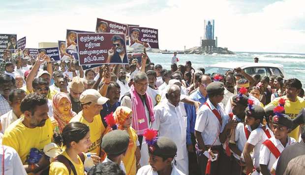 Nobel Peace Laureate Kailash Satyarthi walks during the u2018Bharat Yatrau2019, a nationwide march against child sexual abuse and trafficking, in Kanyakumari yesterday.