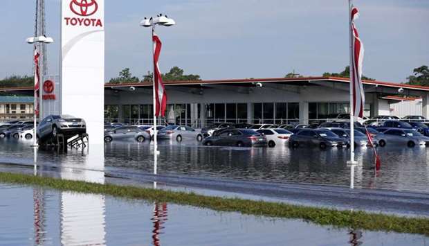 A car dealership flooded from Tropical Storm Harvey is seen in Orange, Texas, US