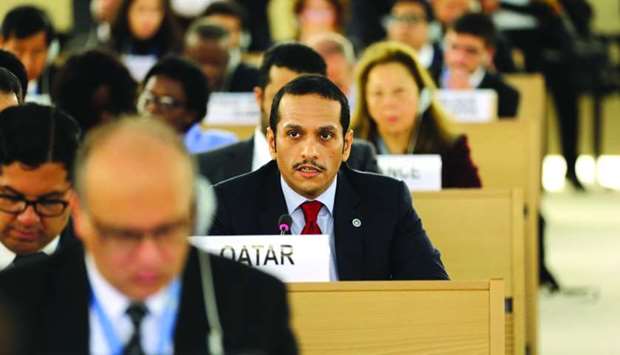 HE the Foreign Minister Sheikh Mohamed bin Abdulrahman al-Thani addressing the 36th Session of the Human Rights Council in Geneva yesterday.