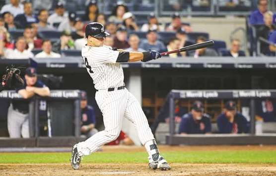 New York Yankees catcher Gary Sanchez hits an RBI single against the Boston Red Sox during the fifth inning at the Yankee Stadium. PICTURE: USA TODAY Sports