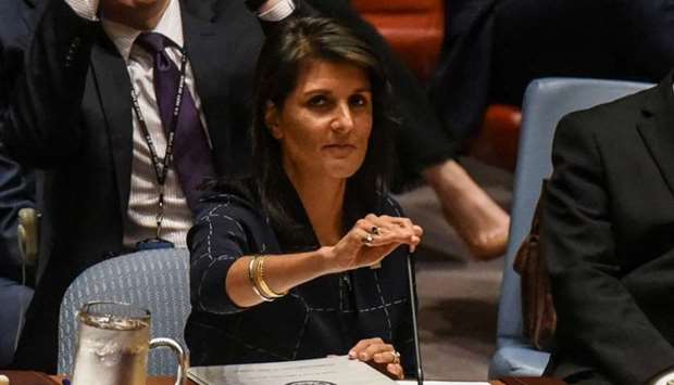 US Ambassador to the UN, Nikki Haley prepares to deliver remarks during a United Nations Security Council meeting on North Korea