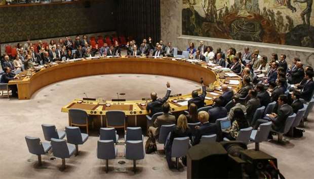 Members of the UN Security Council vote at a UN Security Council meeting over North Korea's new sanctions