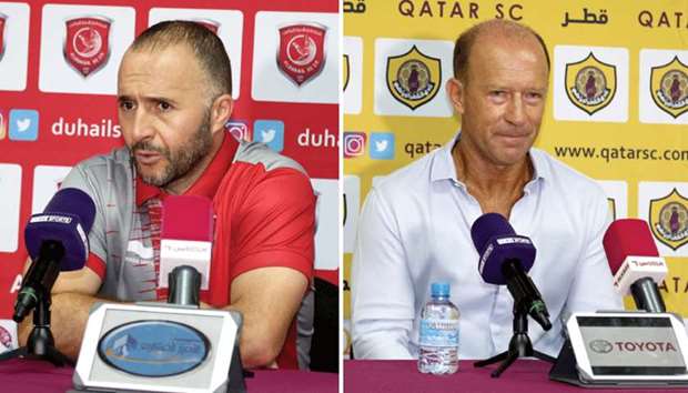 Duhail coach Djamel Belmadi (L) and his Qatar SC counterpart Gabriel Calderon interact with the media yesterday.