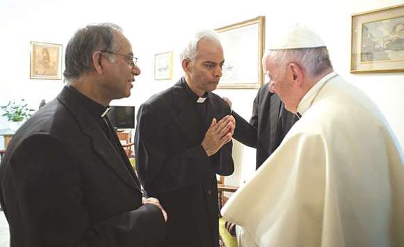 Pope Francis meets Thomas Uzhunnalil at the Vatican yesterday. Uzhunnalil met with the Pope following his release in Yemen.