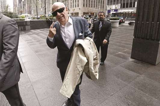 Rupert Murdoch, co-chairman and founder of Twenty-First Century Fox, gestures while arriving at the News Corp building in New York on April 26. u201cIf the UK is truly open for business post-Brexit, we look forward to moving through the regulatory review process,u201d Murdoch said yesterday at a Royal Television Society conference in Cambridge.