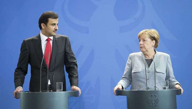 His Highness the Emir Sheikh Tamim bin Hamad Al-Thani and German Chancellor Angela Merkel  attend a news conference in Berlin, Germany