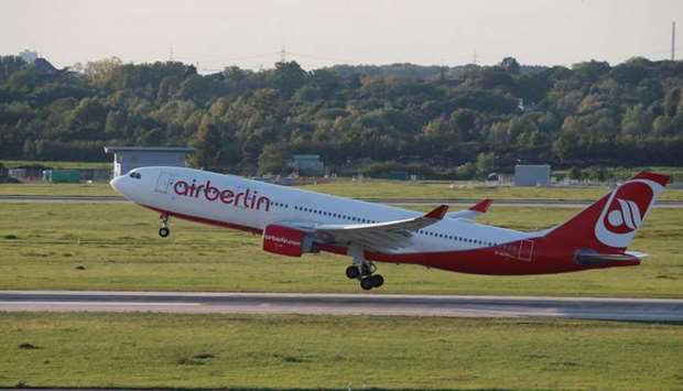An Airbus A330-223 aircraft of German carrier AirBerlin takes off towards New York, US, from Duesseldorf airport, Germany