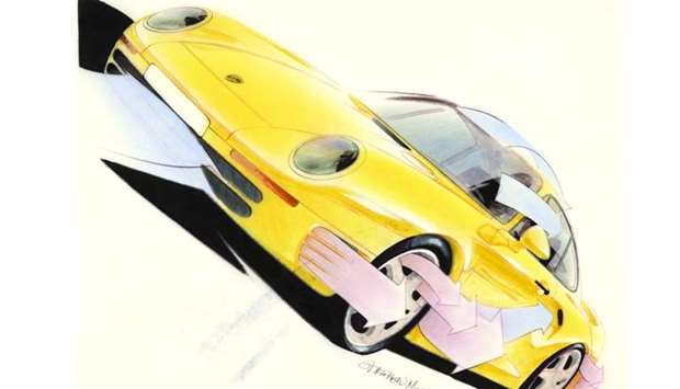 Yellow car sketch: Designskizze Porsche 959 Coupu00e9 u00a9 Porsche-Museum.