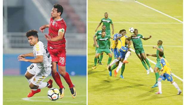 Duhailu2019s Yusuf Msakni (R) and Qatar Sports Clubu2019s Abdel Aziz Mitwali vie for the ball during their QSL match yesterday. At right, a piece of action from the Al Gharafa-Al Ahli match, which ended in a 1-1 draw. PICTURES: Jayan Orma and Othman Iraqi
