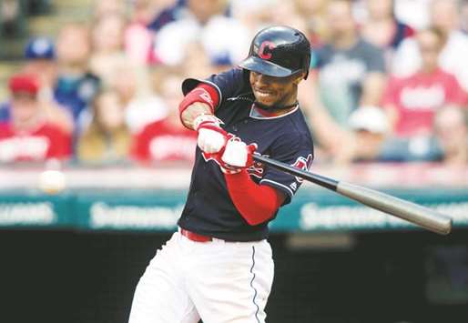 Cleveland Indians shortstop Francisco Lindor hits a two-run RBI double against the Kansas City Royals during the sixth inning at Progressive Field. PICTURE: USA TODAY Sports