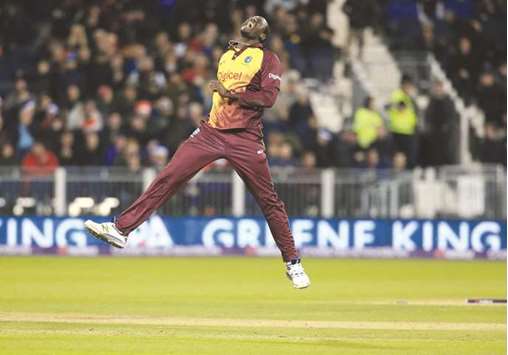 West Indies captain Carlos Brathwaite celebrates taking the final wicket, of Englandu2019s Liam Plunkett, during the only T20 International against England at The Emirates Riverside, Chester-le-Street in north east England on Saturday night. West Indies won the game by 21 runs.