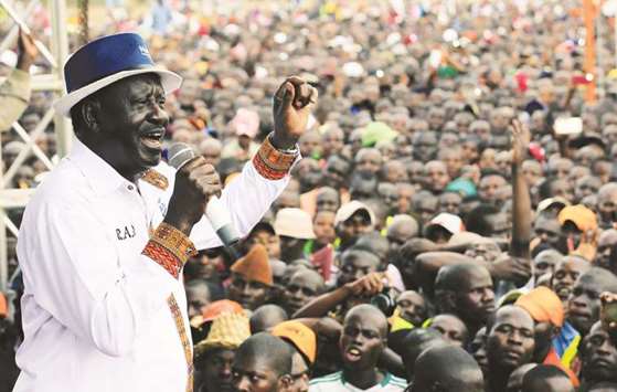 Kenyan opposition leader Raila Odinga addresses supporters at a rally in Nairobi yesterday.