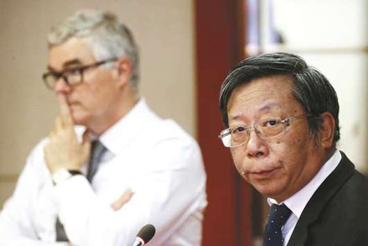 Airbus China CEO Eric Chen (right) and Airbus China chief operating officer Francois Mery attend a media presentation in Beijing yesterday. China is the worldu2019s fastest growing aviation market and is a key battleground for Airbus as well as Boeing which recently predicted the country would spend over $1tn on planes over the next 20 years.