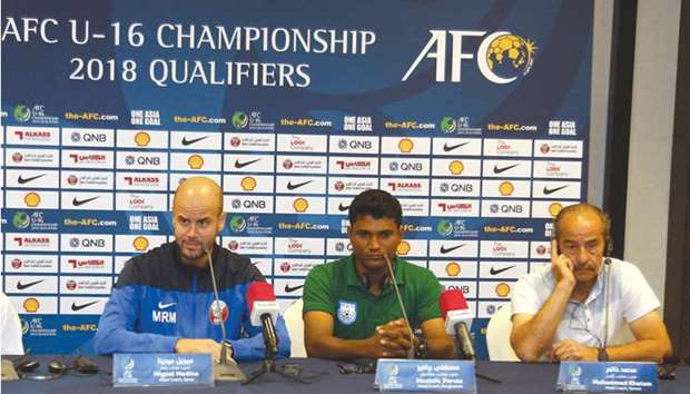 Qatar coach Miguel Medina (left), Bangladesh coach Mostofa Parvez (centre) and Yemen coach Mohamed Khatam address a press conference ahead of the AFC U-16 Championship 2018 Qualifiers yesterday. PICTURE:  Anas Khalid
