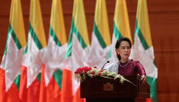 Myanmar's State Counsellor Aung San Suu Kyi delivers a national address in Naypyidaw