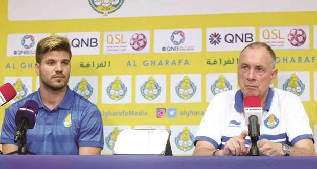 Al Gharafa head coach Jean Fernandez (right) and midfielder Diogo Amado at a press conference yesterday ahead of the teamu2019s QNB Stars League match against Umm Salal. PICTURE: Jayan Orma
