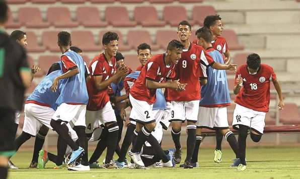 Yemen players celebrate after scoring a goal against Qatar in the AFC U-16 Championship qualifiers at Grand Hamad stadium in Doha yesterday. PICTURE: Anas Khalid