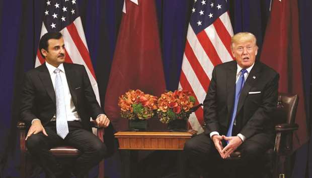 His Highness the Emir Sheikh Tamim bin Hamad al-Thani meeting with US President Donald Trump yesterday in New York City, on the sidelines of the United Nations General Assembly.