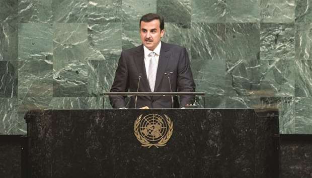 His Highness the Emir Sheikh Tamim bin Hamad al-Thani addressing the UN General Assembly in New York yesterday.