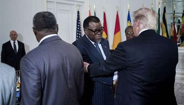 US President Donald Trump greets Namibia's President Dr. Hage Geingob before a luncheon with African leaders in New York on Wednesday.
