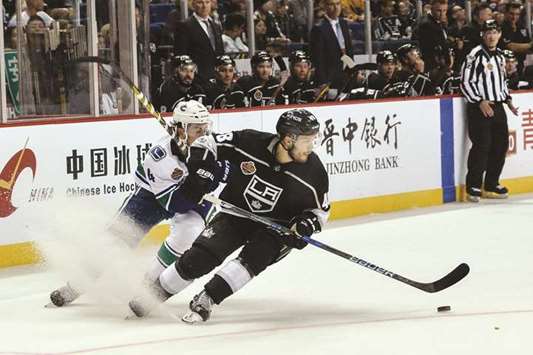 Los Angeles Kingsu2019 Oscar Fantenberg attacks the puck during the NHL pre-season game in Shanghai yesterday. (AFP)