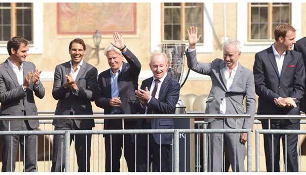 (From left) tennis legends Roger Federer, Rafael Nadal, Bjorn Borg, Rod Laver and John McEnroe pose on the stage ahead of the Laver Cup in Prague, Czech Republic. (AFP)