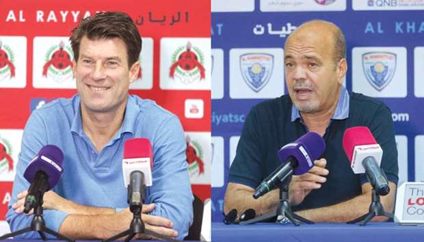 Al Rayyan coach Michael Laudrup (left) and his Al Kharaitiyat counterpart Ahmad al-Ajlani attend a press conference.